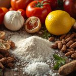 genere moi une image ultra réaliste d'une table avec plusieurs ingredients different et de differentes texture